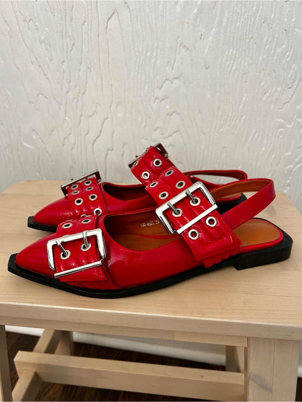 NWOT Red Patent Mary Jane Flats Statement Buckles Pointed Toe 39 French Biker